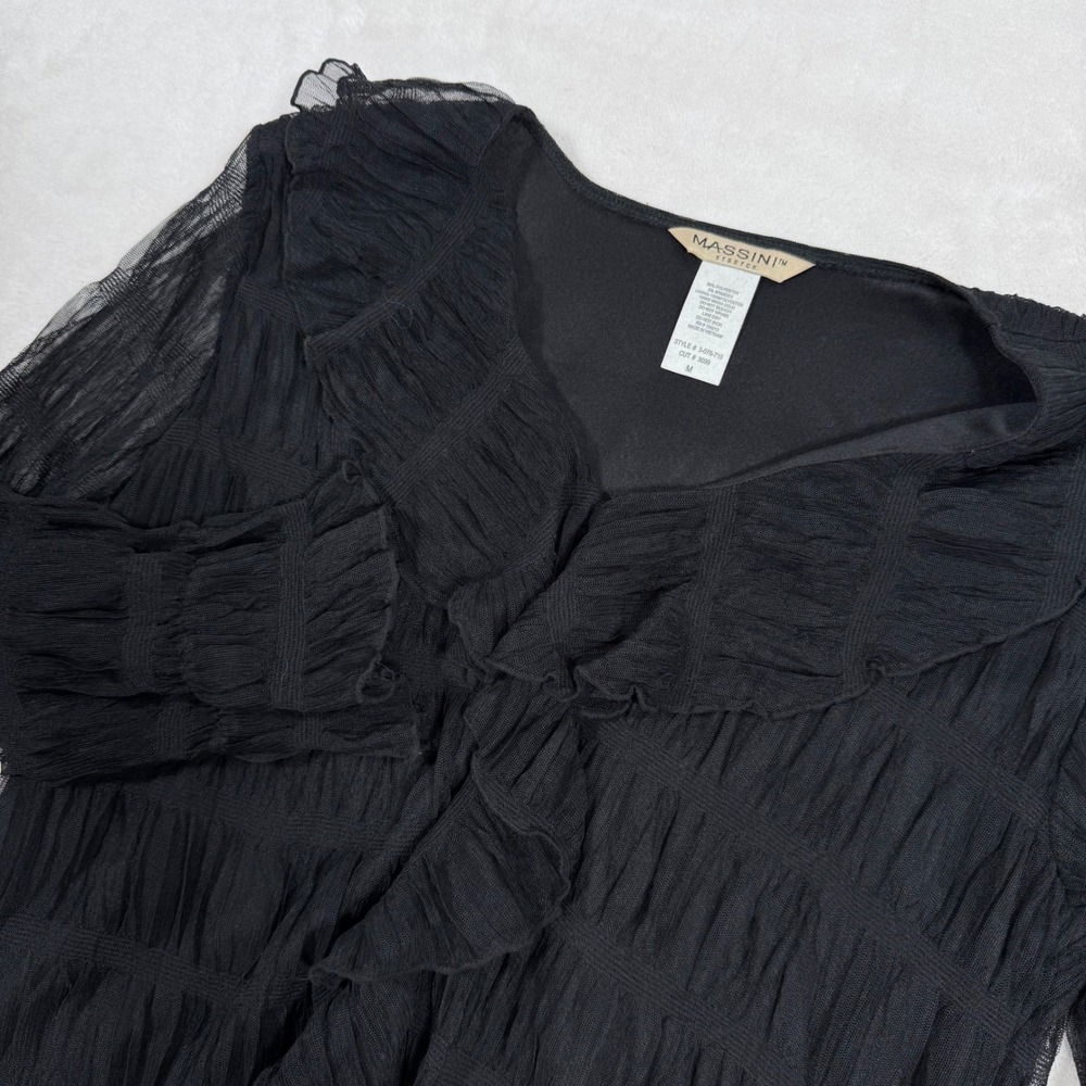 Massini Crinkle Chiffon Stretch Black Mesh‎ Ruffle V-Neck Blouse Top Medum